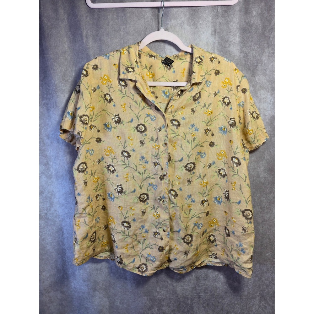 RF Sport Women's Yellow Floral Linen Short Sleeve Button Down Shirt Size 16